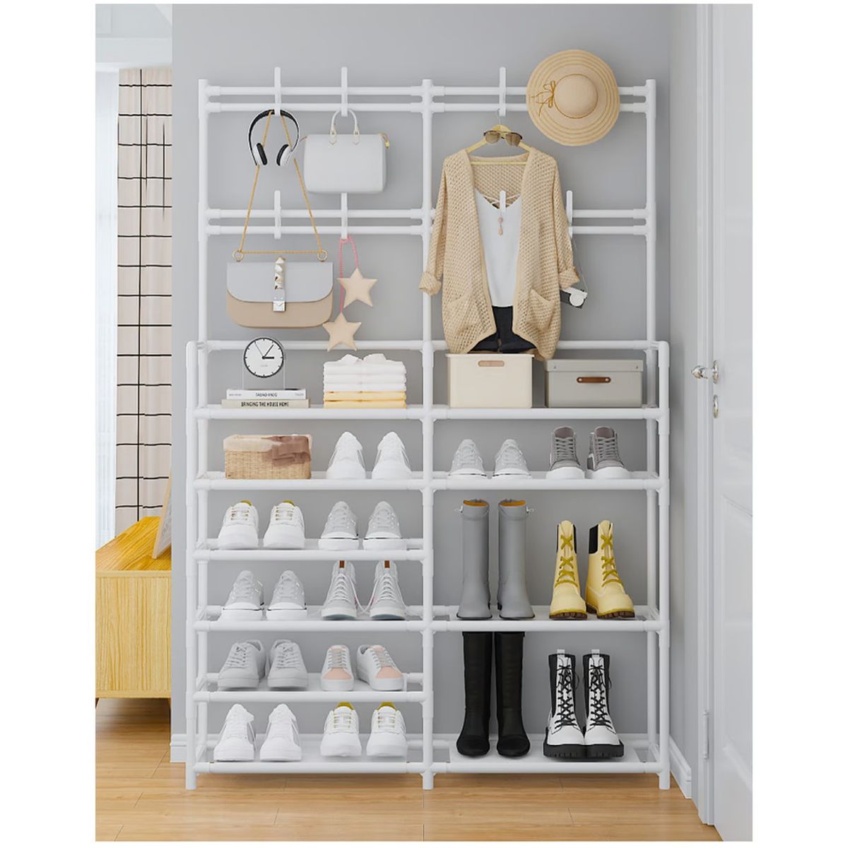 GENERICO - Estante Organizador  Zapatera 7 Niveles 2 Cuerpos + Perchero Blanco