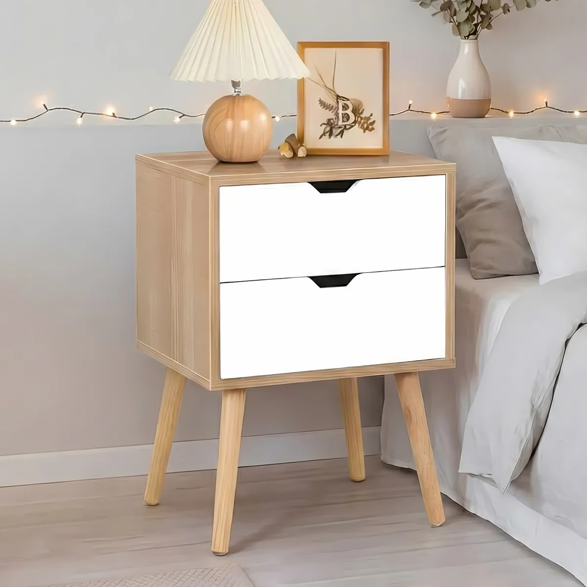 GENERICO - Velador Vintage Mesa de Noche Shavan 2 Cajones Blanco y Duna Huk