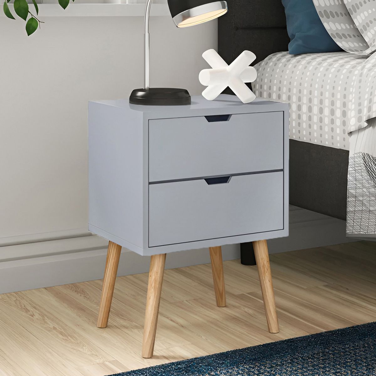 GENERICO - Velador Vintage Mesa de Noche Shavan 2 Cajones Gris Huk