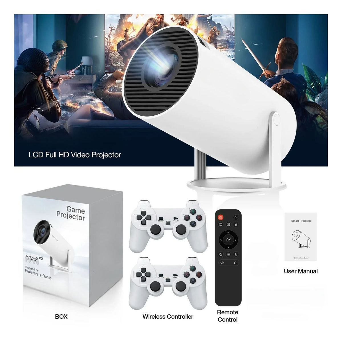 GENERICO - Mini Proyector Portátil Inteligente con Juegos + 2 Mandos