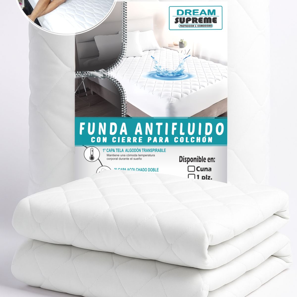 GENERICO - Forro de colchón con cierre 2 plazas IMPERMEABLE - ANTIÁCAROS - ACOLCHADO I DREAM SUPREME