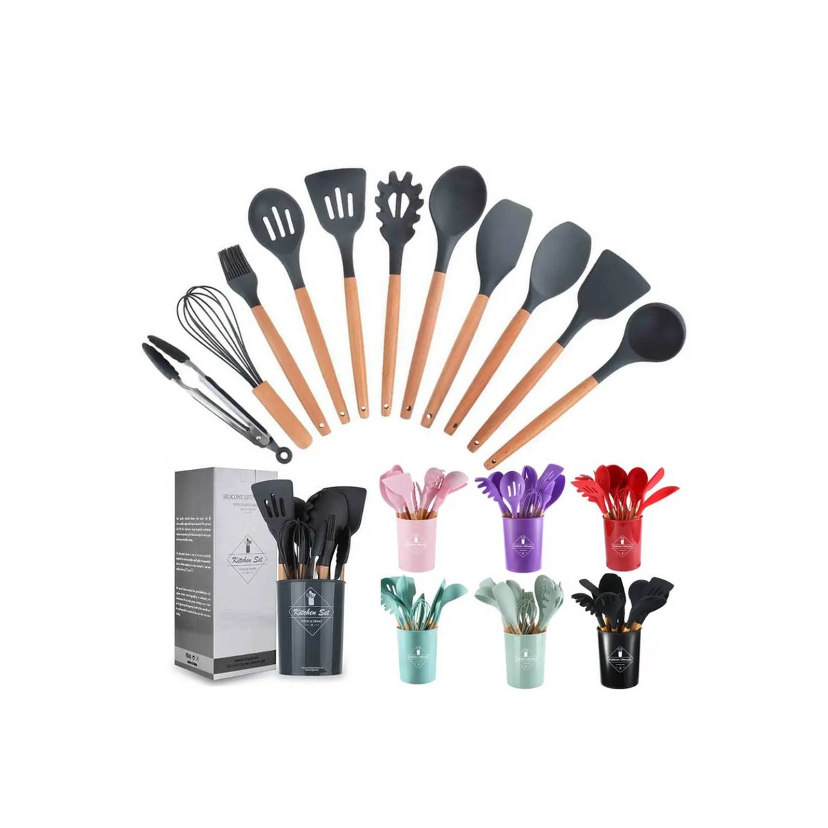 GENERICO - Set Cucharones Utensilios Silicona y Madera Cocina Premium Aleatorio