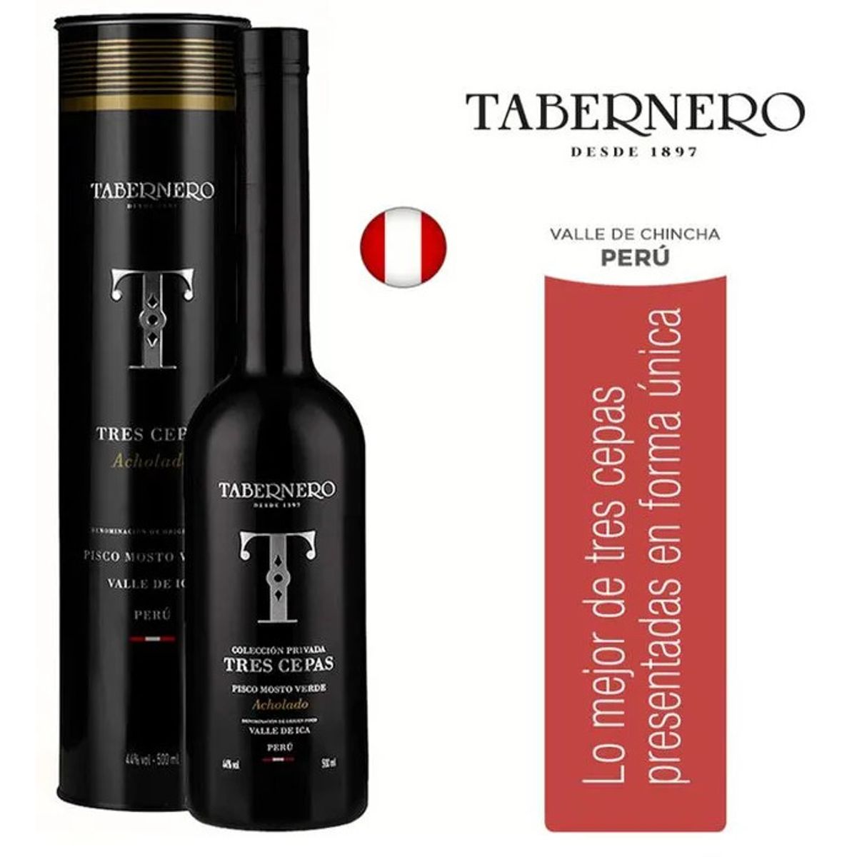 TABERNERO - Pisco Tabernero Mosto verde tres cepas 500ml