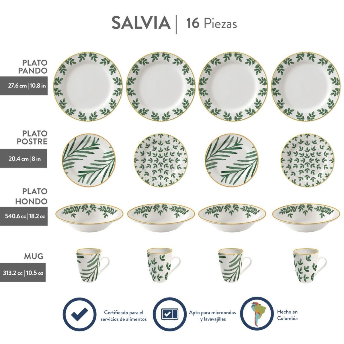 CORONA - Juego de Vajilla Salvia 16 Piezas Corona