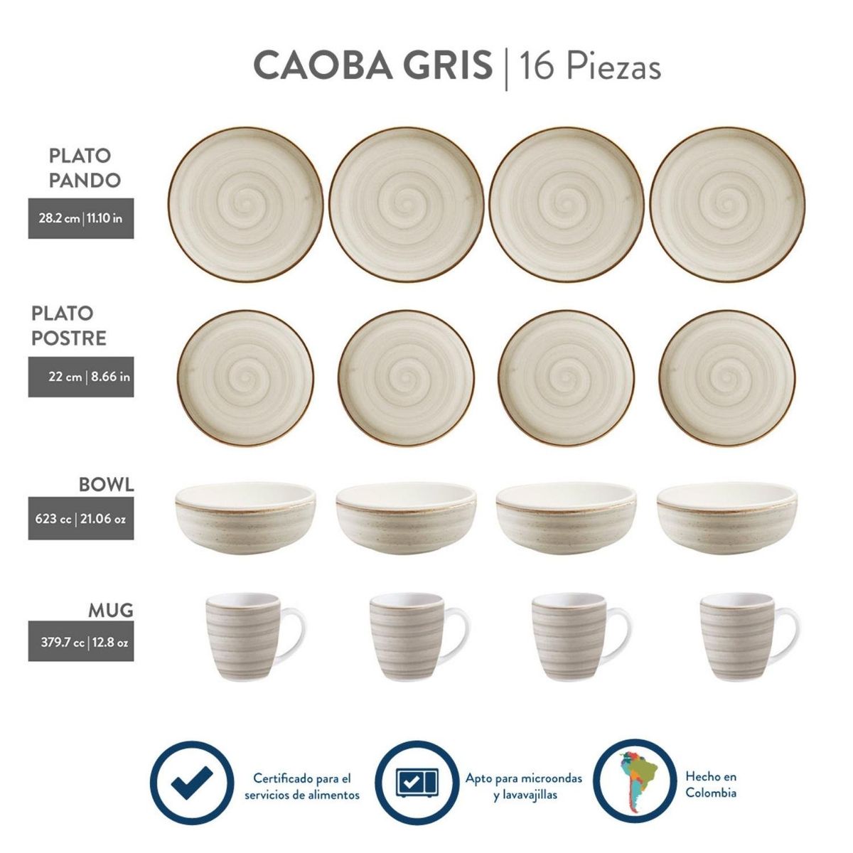 CORONA - Juego de Vajillas Caoba Gris 16 Piezas Corona