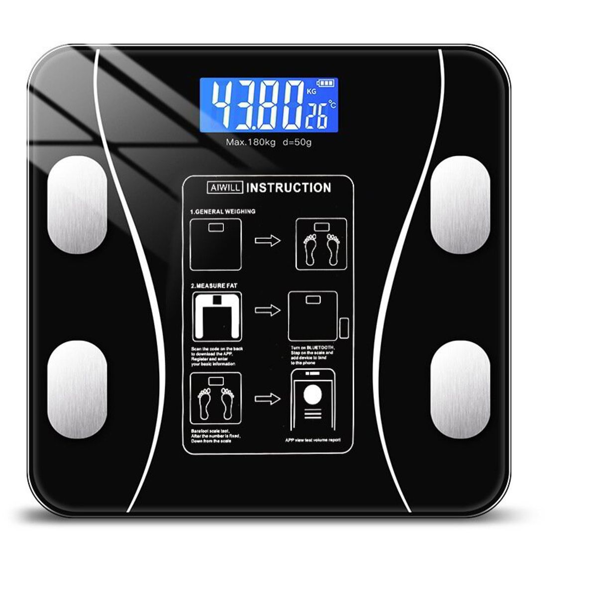 GENERICO - BALANZA DIGITAL BLUETOOTH CAPACIDAD 180 KG – A PILAS - NEGRO