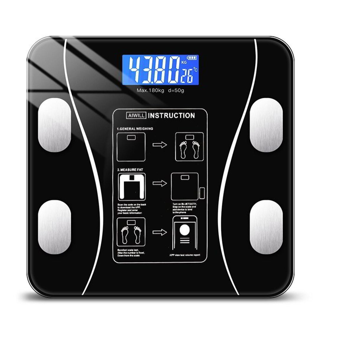 GENERICO - BALANZA DIGITAL BLUETOOTH CAPACIDAD 180 KG – A PILAS - NEGRO