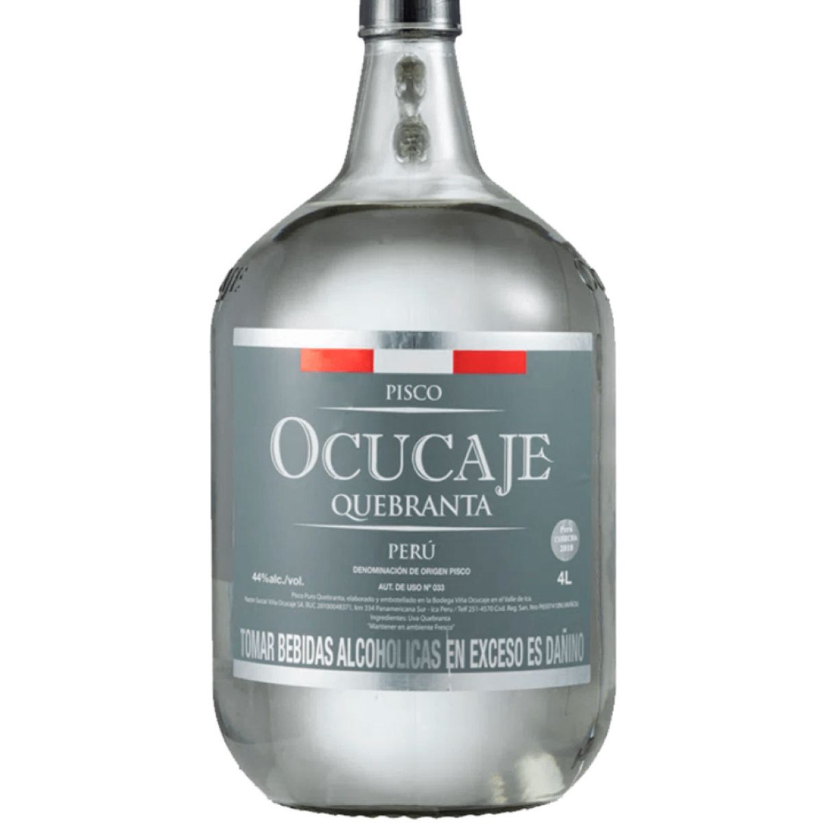 OCUCAJE - Pisco Quebranta Damajuana Botella 4 LT