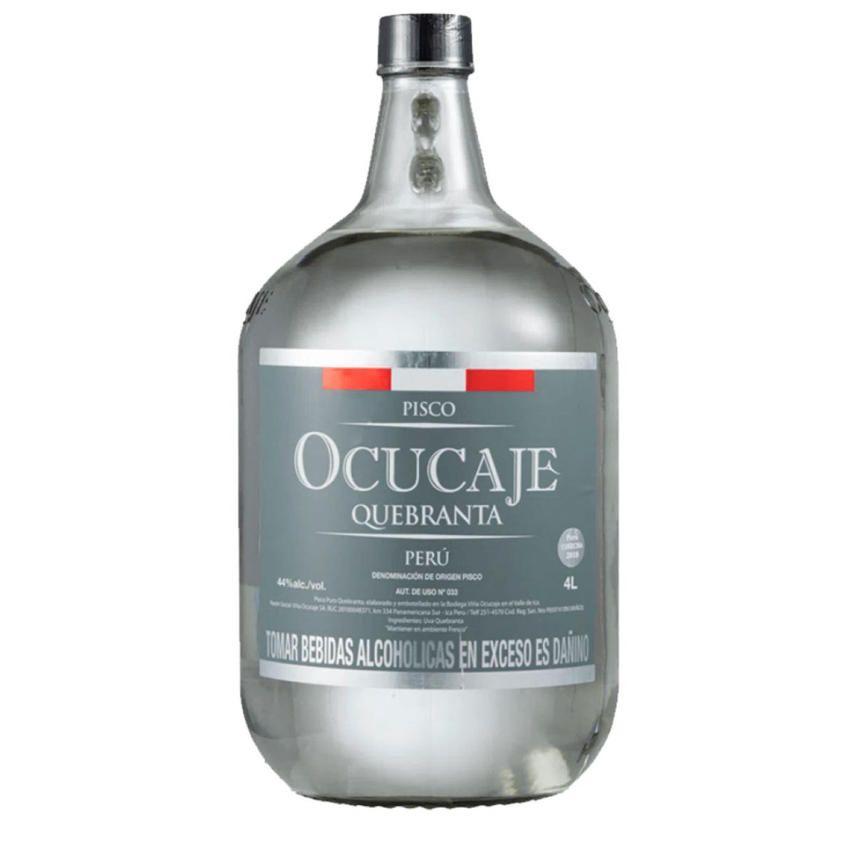OCUCAJE - Pisco Quebranta Damajuana Botella 4 LT