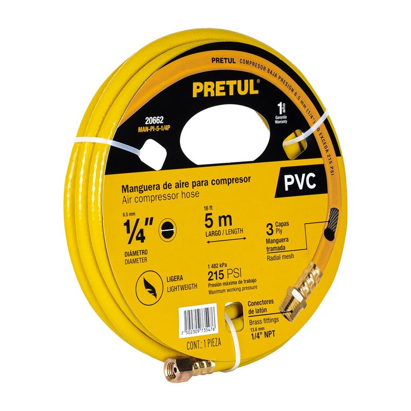 PRETUL - Manguera 1/4" x 5m PVC para Compresora 20662 Pretul