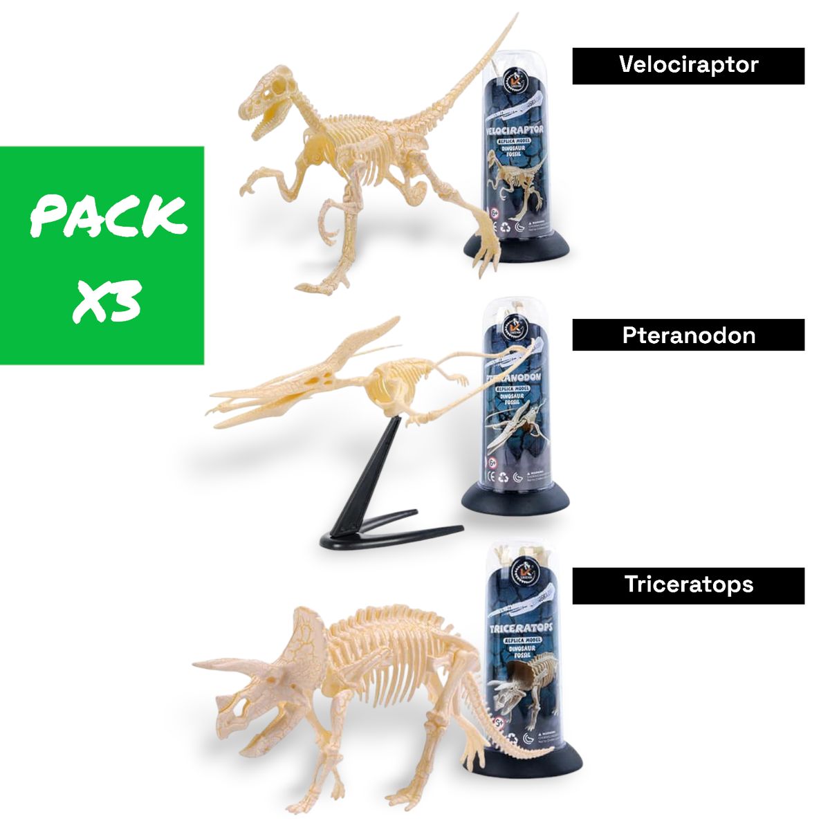 GENERICO - kit 3 Esqueletos armables Triceratops Velociraptor Teranodon