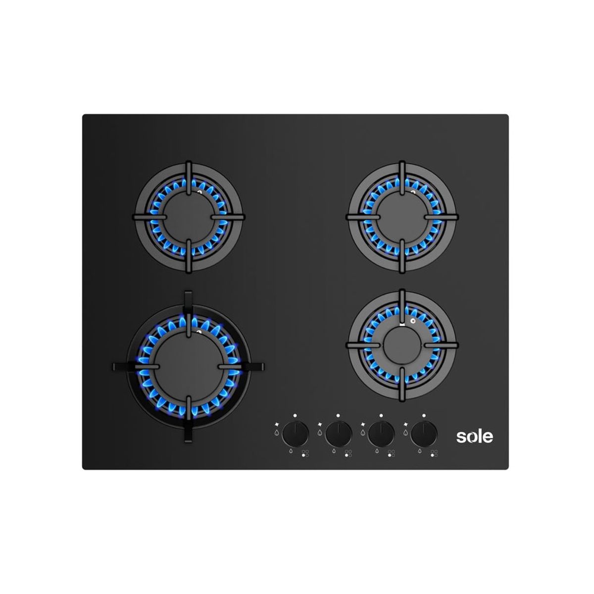 SOLE - Cocina Empotrable a Gas Sole SOLCO049 con 4 Hornillas de Vidrio Templado, 60 cm, Negro