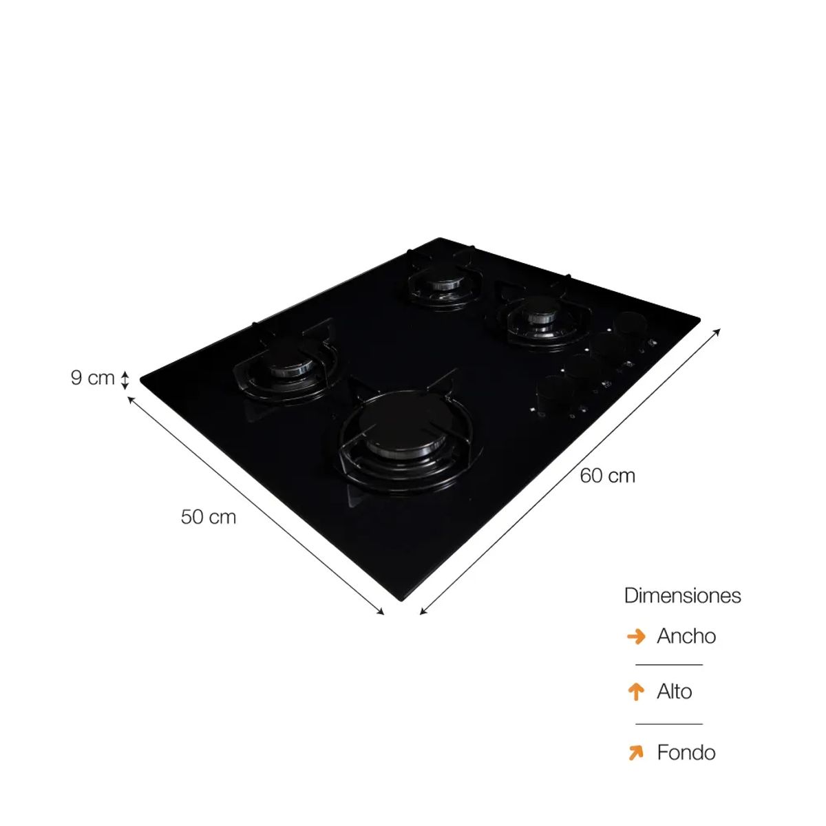 SOLE - Cocina Empotrable a Gas Sole SOLCO049 con 4 Hornillas de Vidrio Templado, 60 cm, Negro