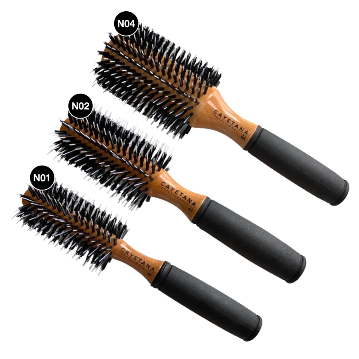 CAYETANA - Kit x3 Cepillos de Cabello Profesional Madera Cerdas Penacho N1, 2 y 4