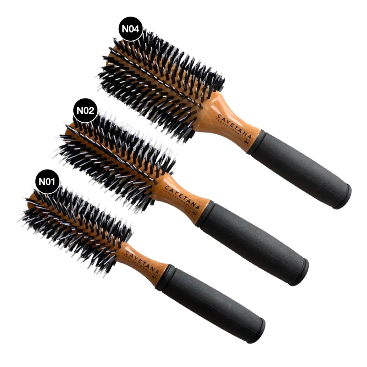 CAYETANA - Kit x3 Cepillos de Cabello Profesional Madera Cerdas Penacho N1, 2 y 4