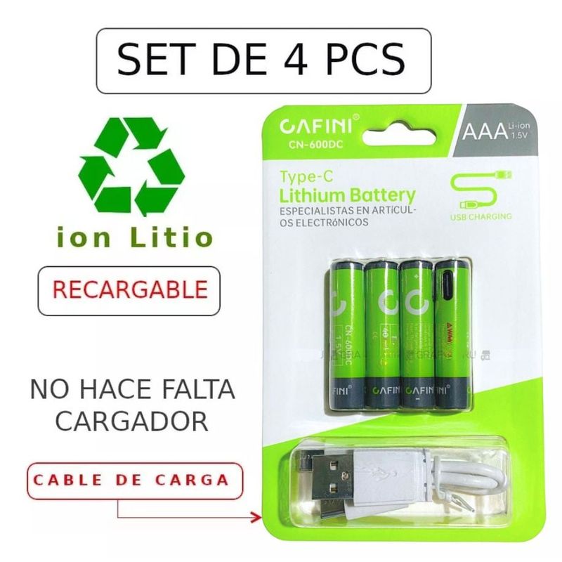 CAFINI - Pilas recargables AAA  Pack de 4 unidades Carga tipo C-1000 Ciclos