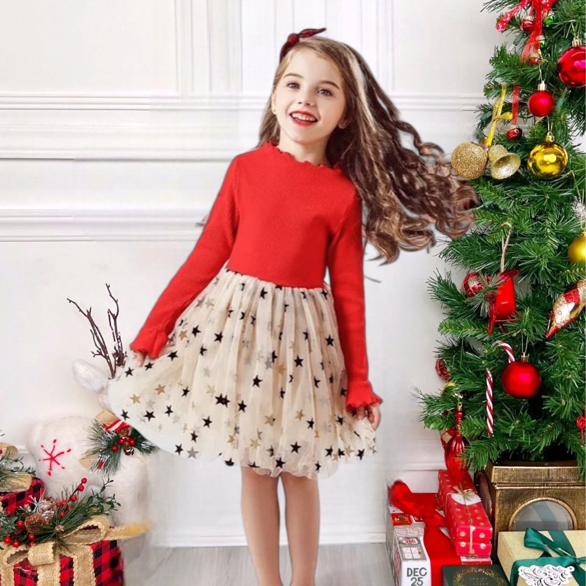 GENERICO - VESTIDO NAVIDEÑO DE NIÑA CON DETALLES DE ESTRELLA