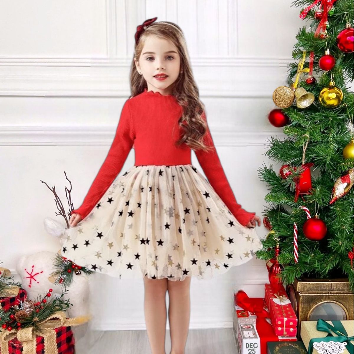 GENERICO - VESTIDO NAVIDEÑO DE NIÑA CON DETALLES DE ESTRELLA