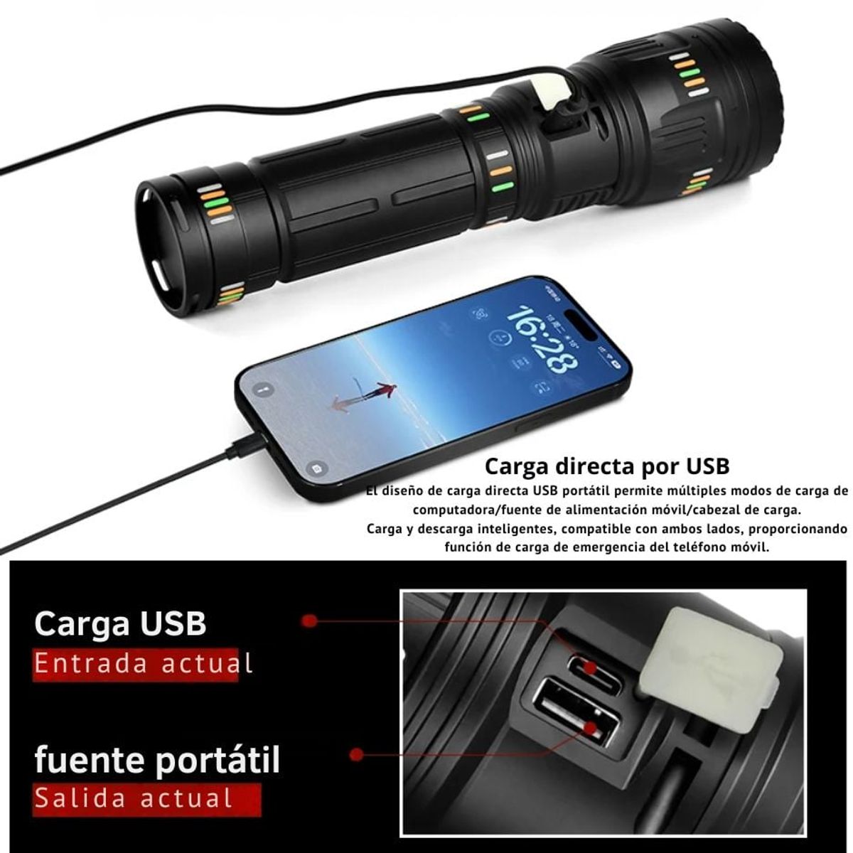 LIDIMI - Linterna Super Potente recargable Zoom telescópico Aluminio