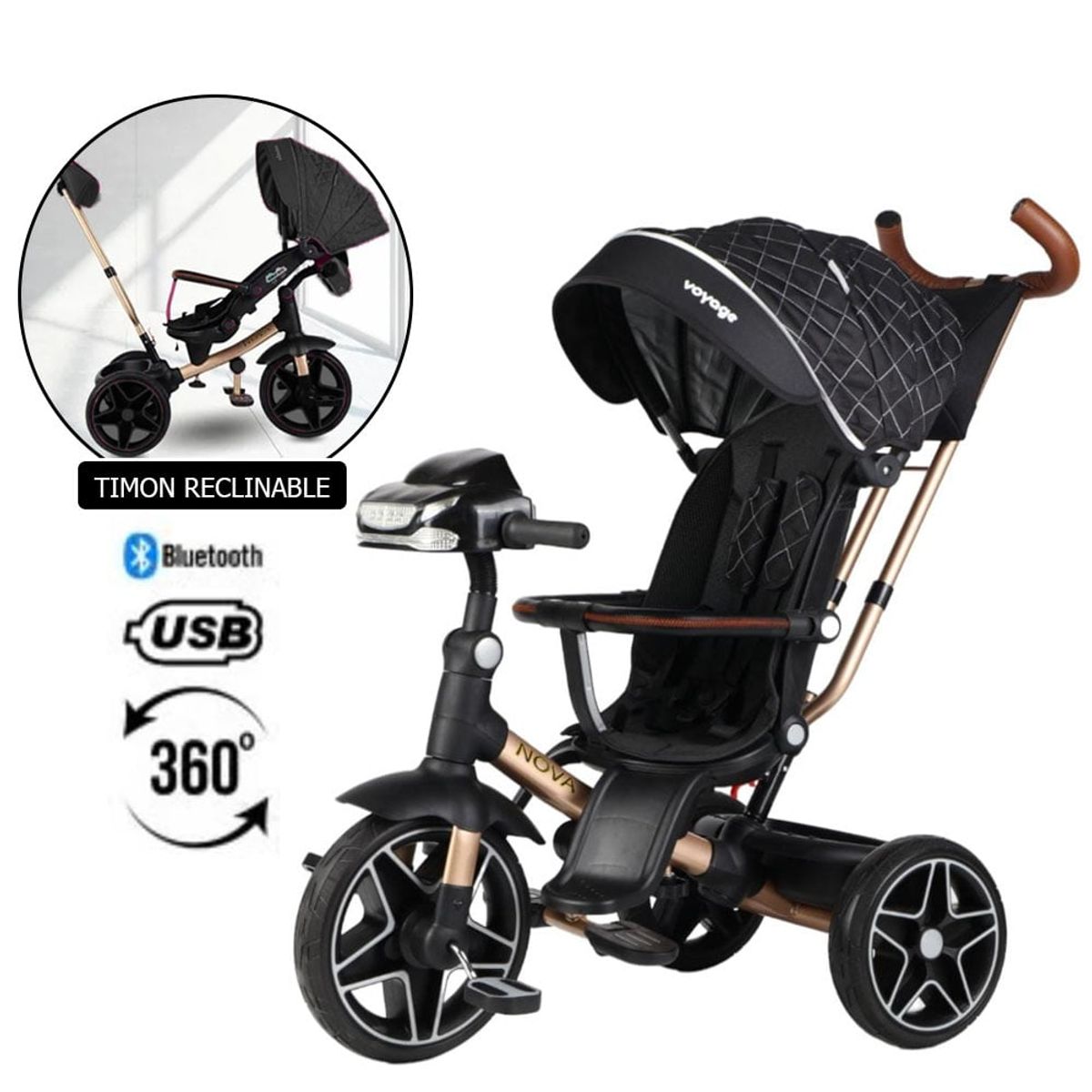 VOYAGE - Triciclo Giratorio 5 en 1 Voyage Nova USB Bluetooth Negro