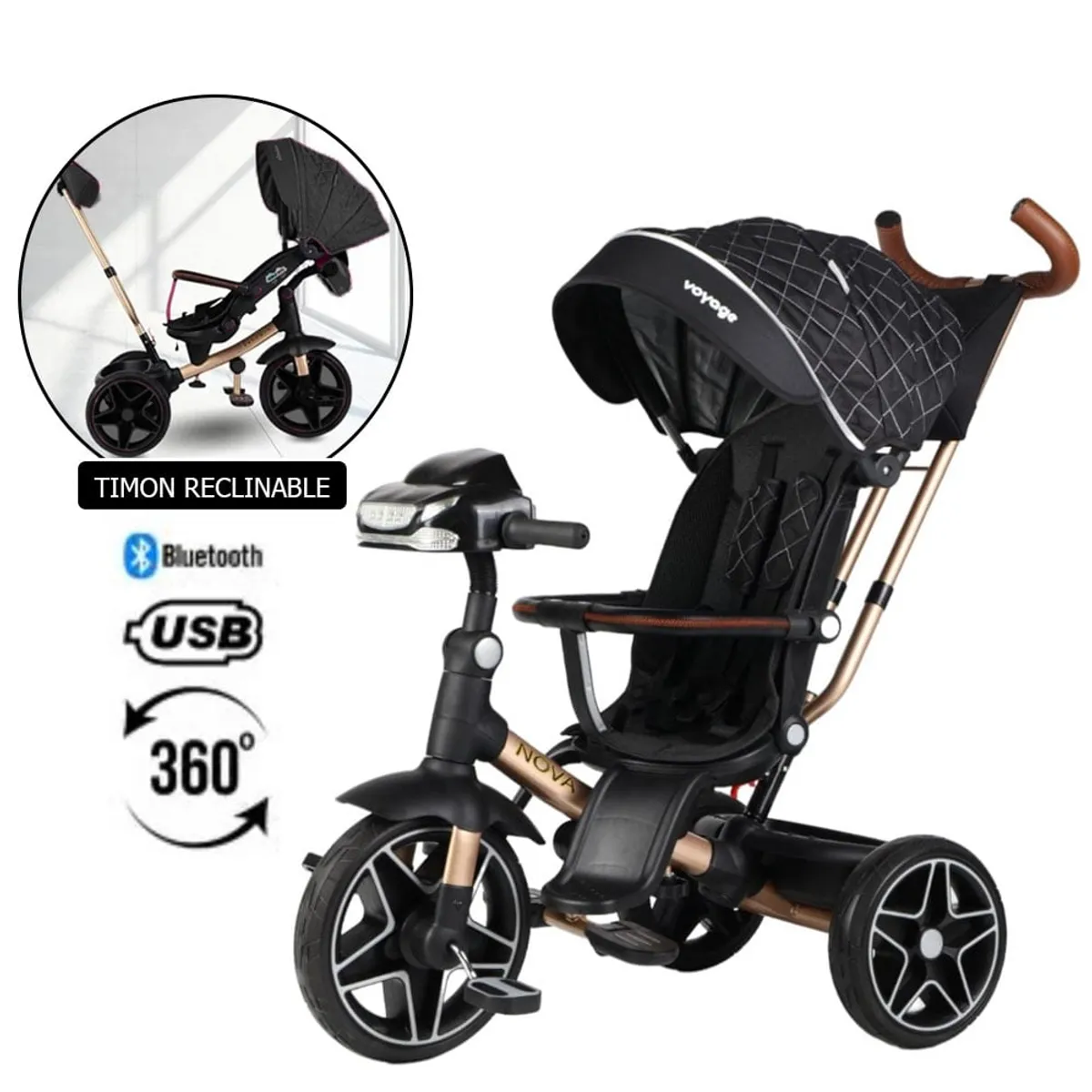 VOYAGE - Triciclo Giratorio 5 en 1 Voyage Nova USB Bluetooth Negro