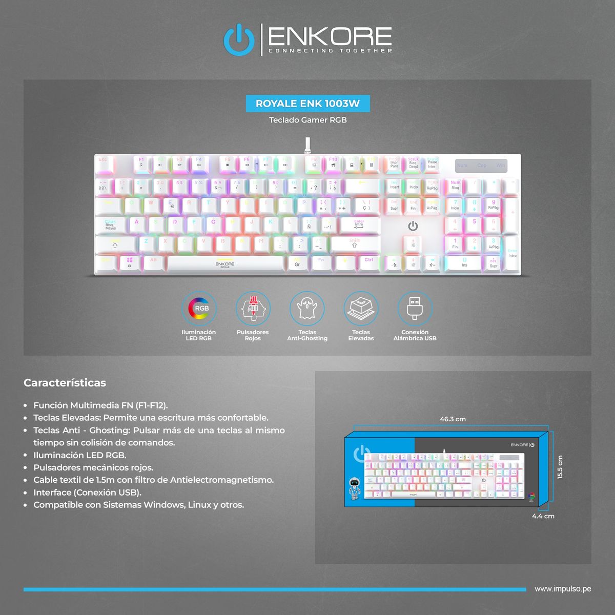 ENKORE - Teclado Mecánico Blanco RGB Switch Rojo Alambrico Enkore 1003W