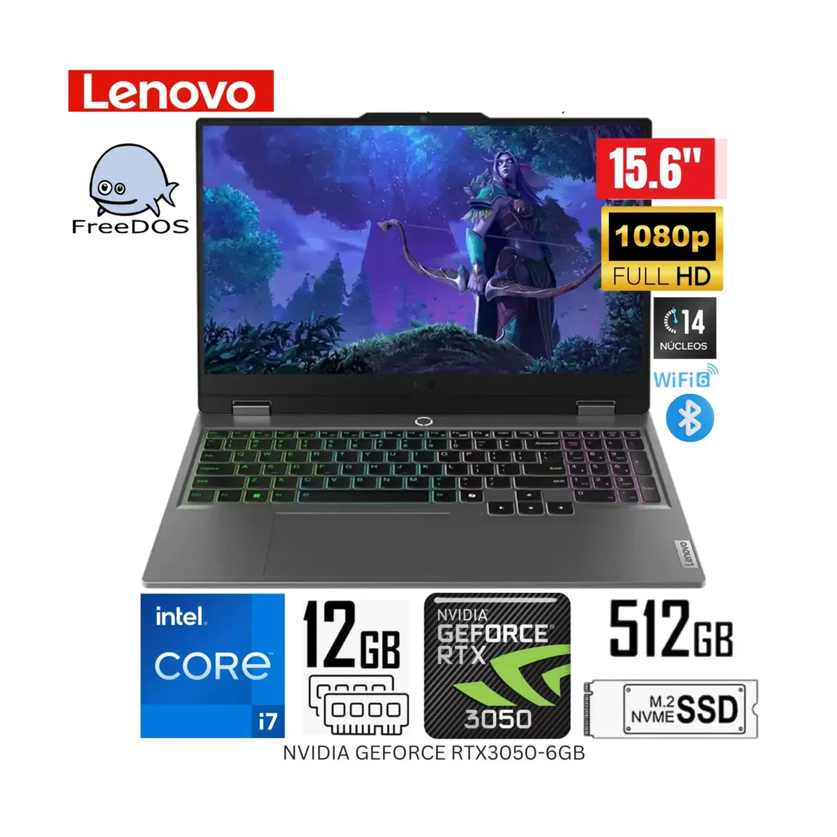 LENOVO - LAPTOP LENOVO LOQ I7-13650HX 12GB 512GB RTX 3050 6GB 15.6" FHD 144HZ FREEDOS 15IRX9 (83DV00FHLM)