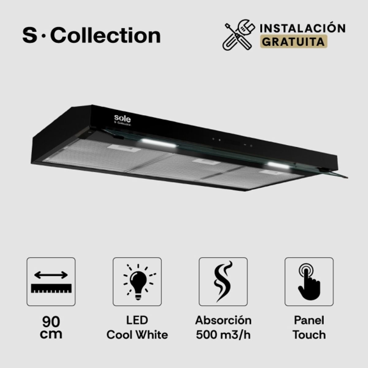 SOLE - Campana Extractora Slim Black S-Collection 90cm  TURE19CO