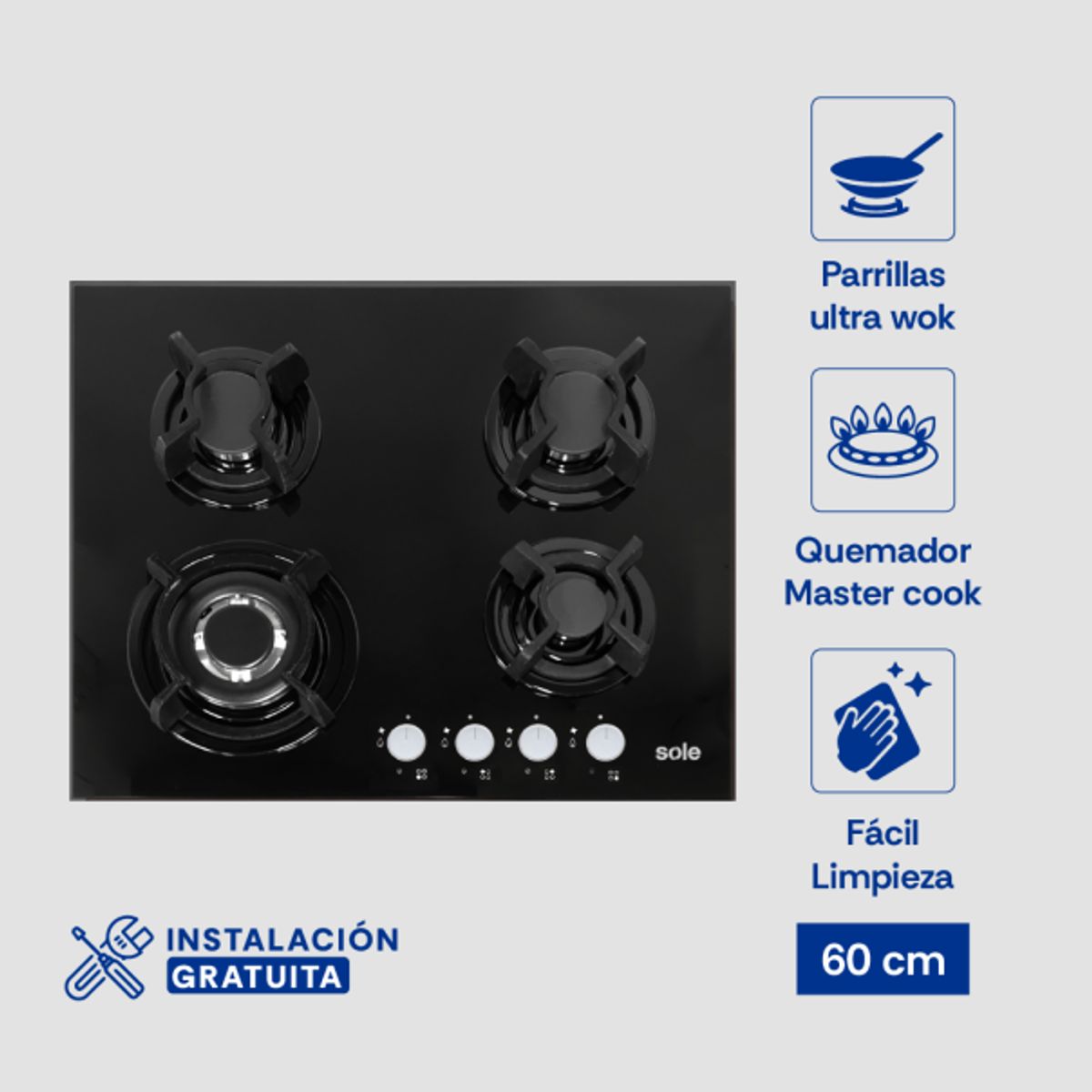 SOLE - Cocina Encimera Sole SOLCO049 Vidrio Templado 60cm 4 hornillas