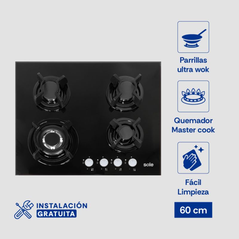 SOLE - Cocina Encimera Sole SOLCO049 Vidrio Templado 60cm 4 hornillas