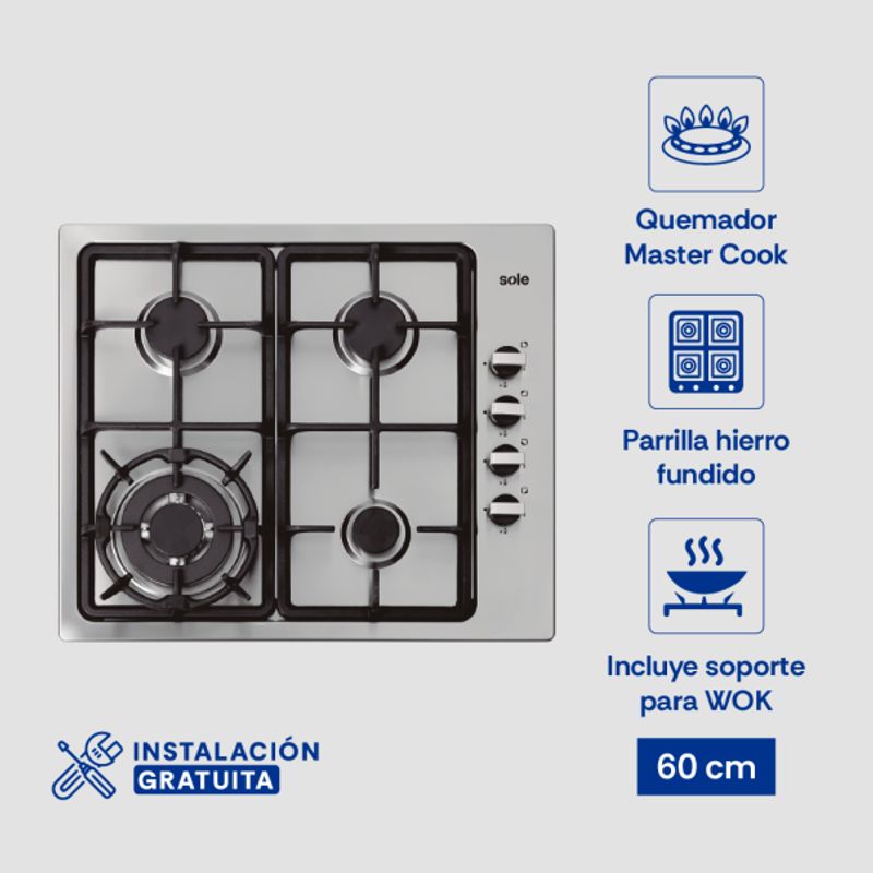 SOLE - Cocina a Gas Empotrable Sole SOLCO036 4 Hornillas