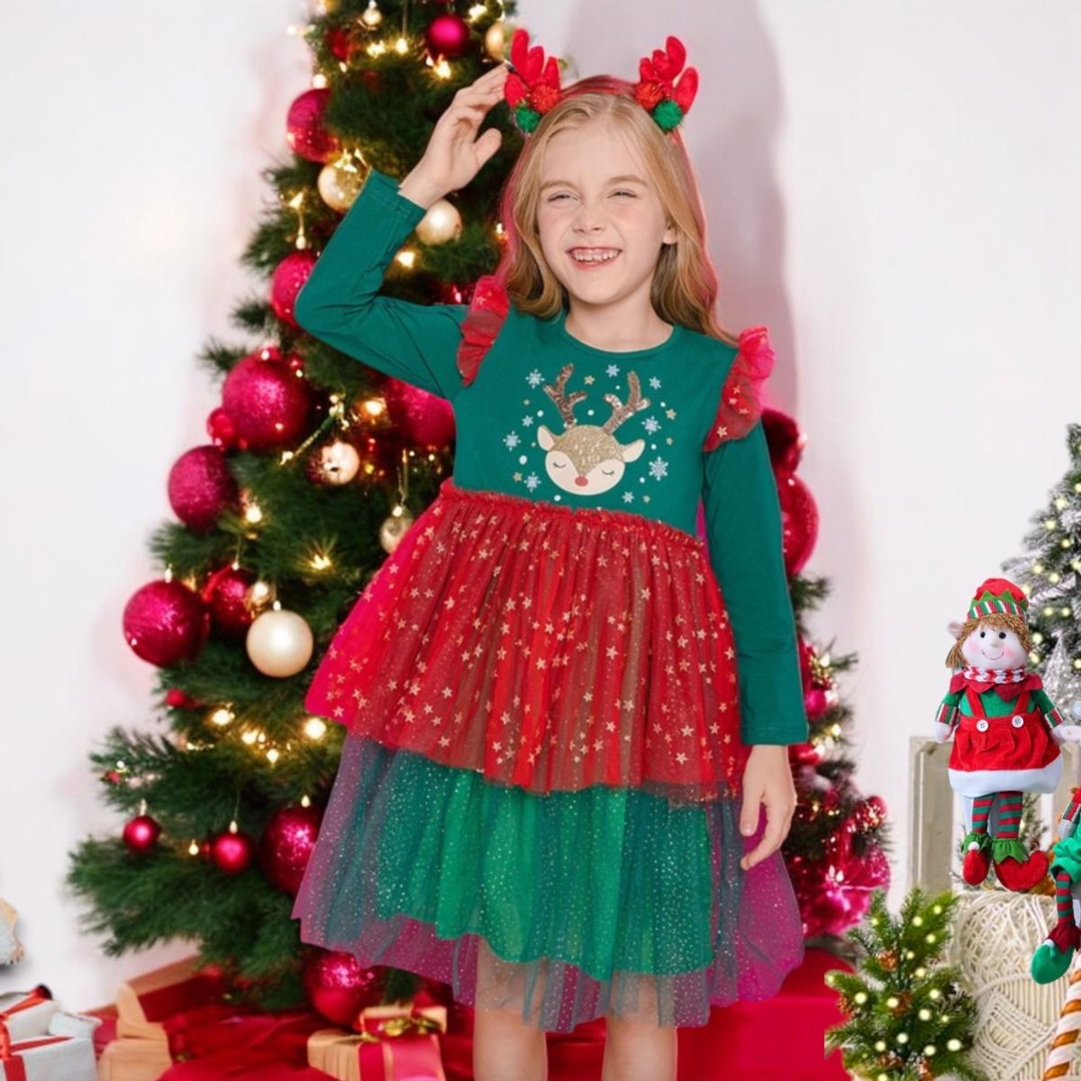 GENERICO - VESTIDO PARA NIÑA DE NAVIDAD - CON DETALLES DE LENTEJUELAS