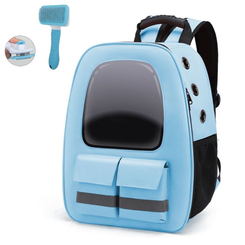 GENERICO - MOCHILA PARA MASCOTAS CON CEPILLO QUITA PELOS CELESTE
