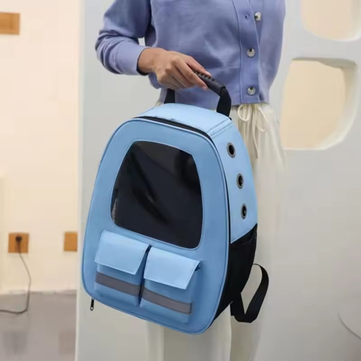 GENERICO - MOCHILA PARA MASCOTAS CON CEPILLO QUITA PELOS CELESTE