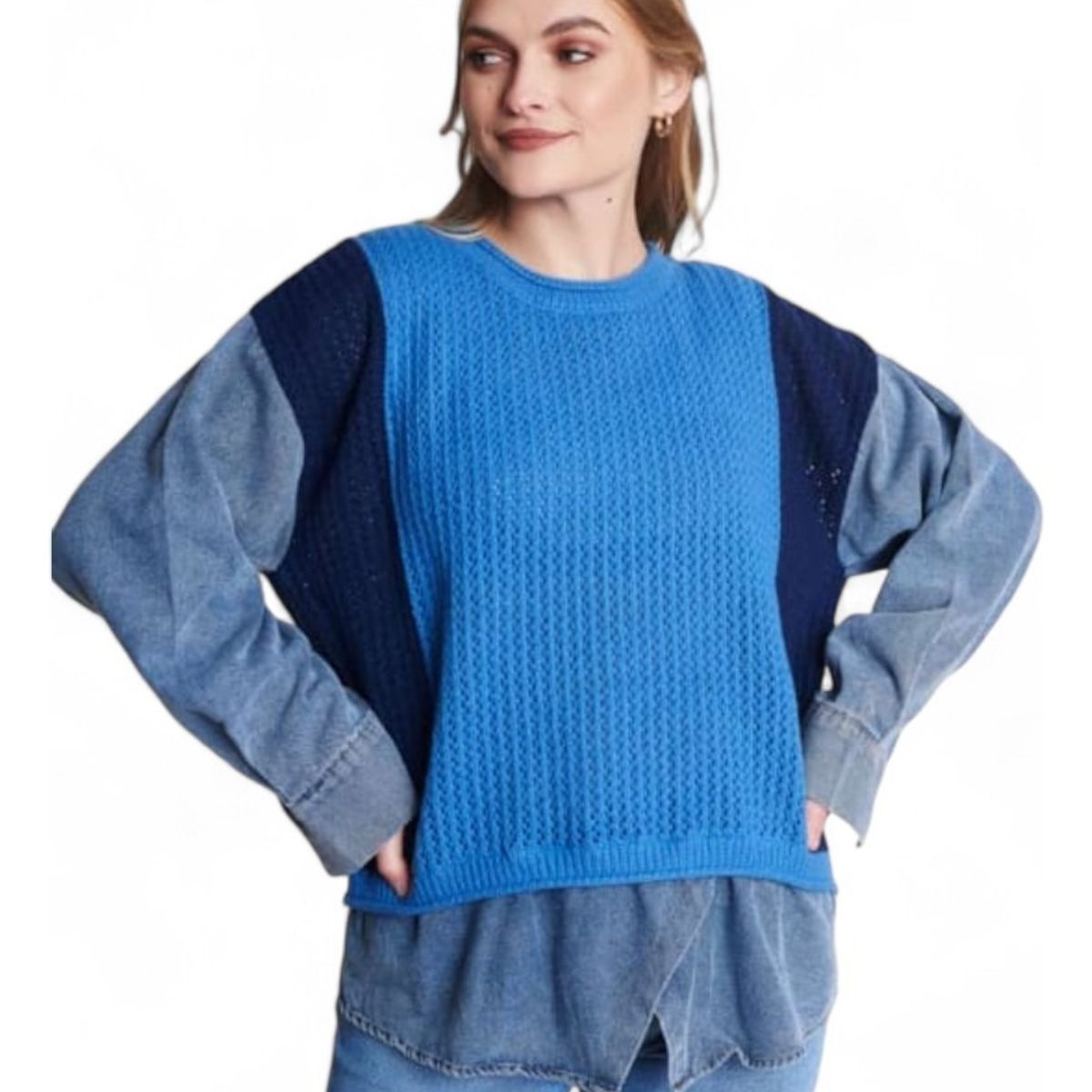 GENERICO - Chompa Mujer Jean Mangas Ev-85 Color Celeste