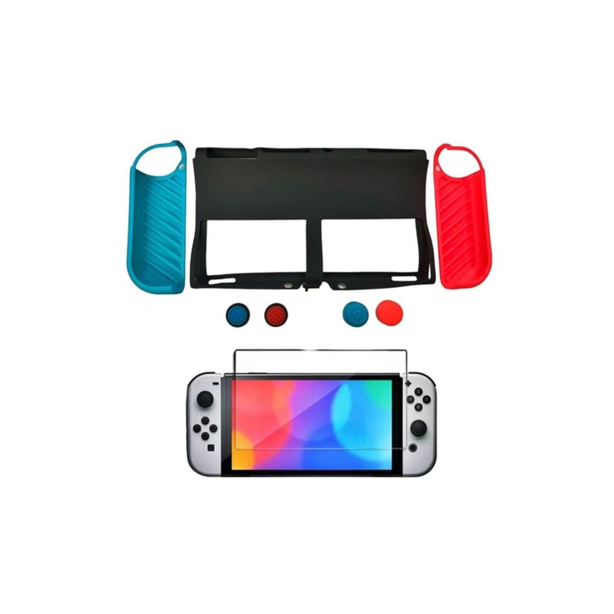 VARIOS - Estuche 7 In 1 Silicona Gel Protection Kit Switch Oled Red Blue