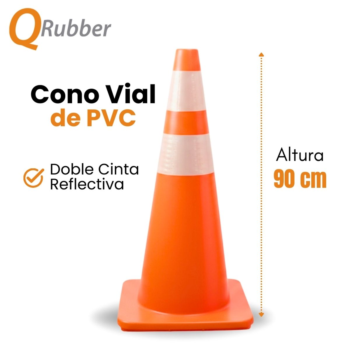 QRUBBER - Cono de tránsito de 90cm naranja con doble cinta reflectiva - QRubber