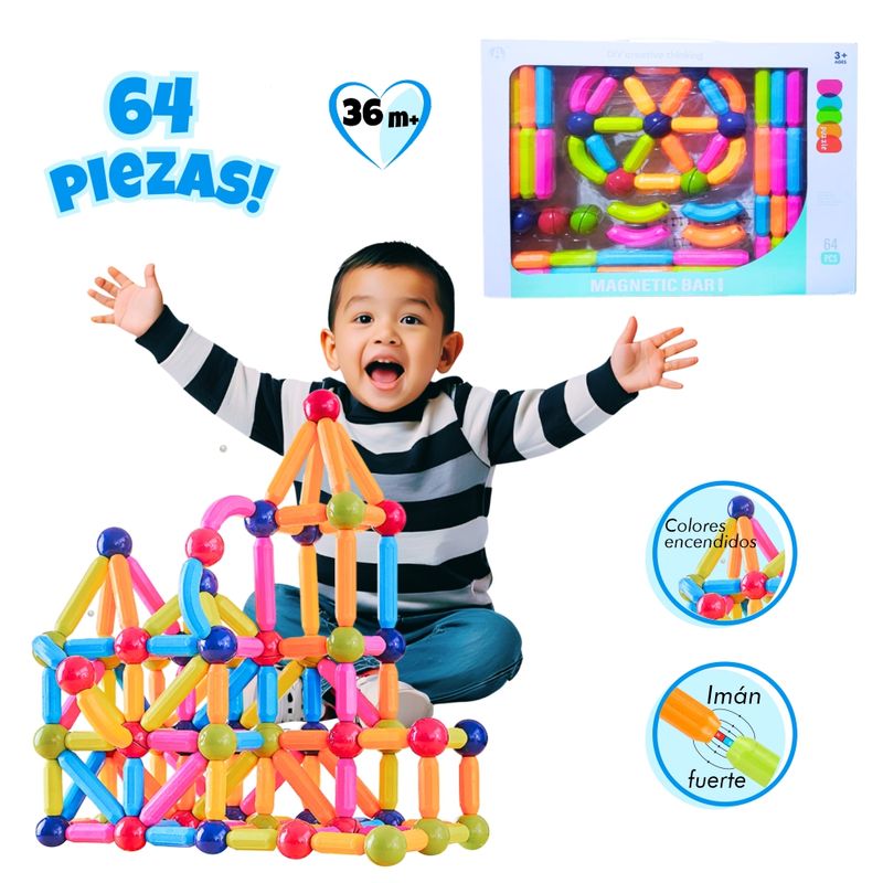 KIDS - Bloques Magnéticos 64 Piezas para Niños - Imán Fuerte y Colores Encendidos