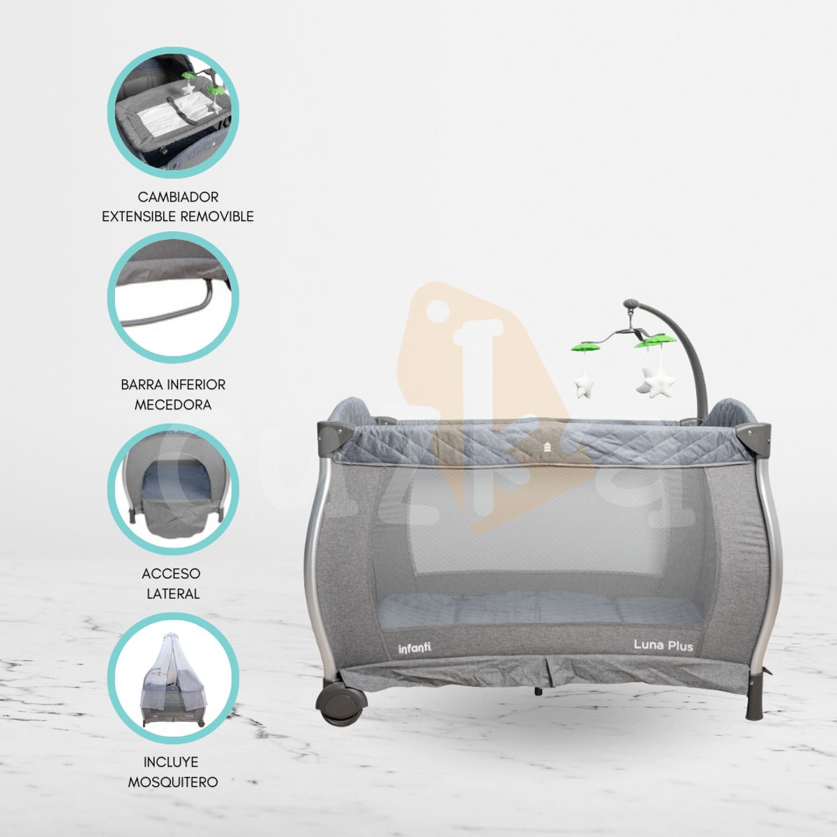 INFANTI - Cuna Corral Plegable para Bebé «LUNA PLUS» Gray