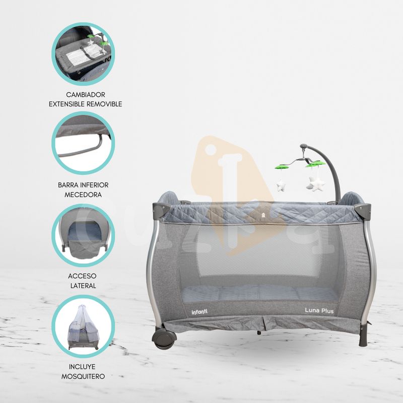 INFANTI - Cuna Corral Plegable para Bebé «LUNA PLUS» Gray