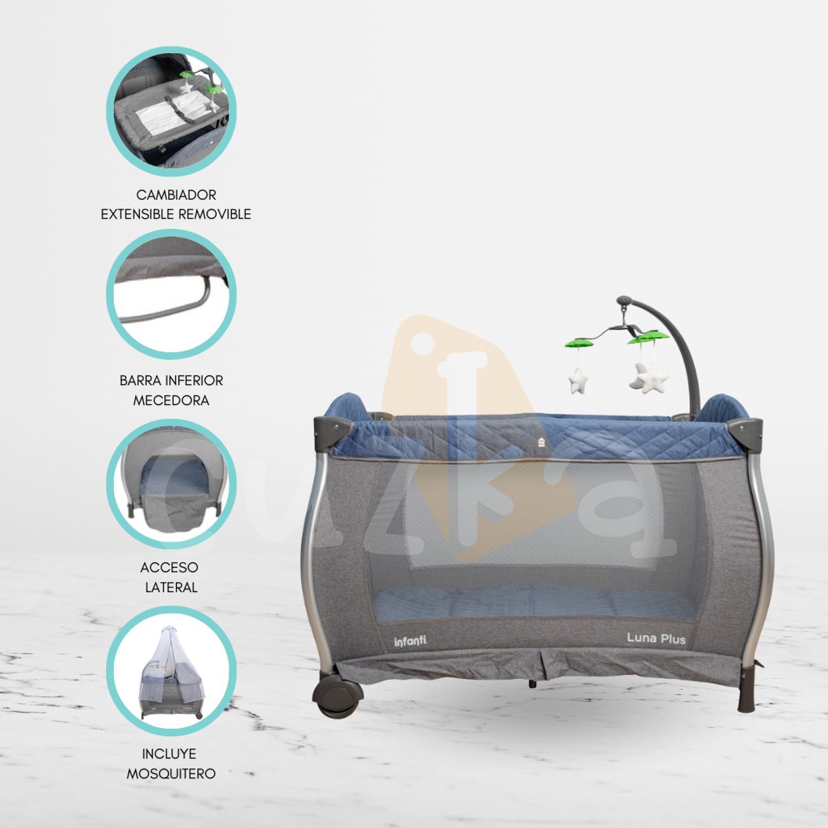 INFANTI - Cuna Corral Plegable para Bebé «LUNA PLUS» Blue