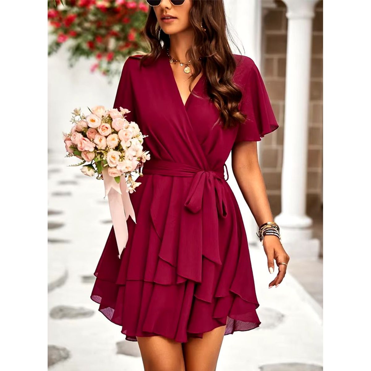 GENERICO - Vestido rojo vino con lazo