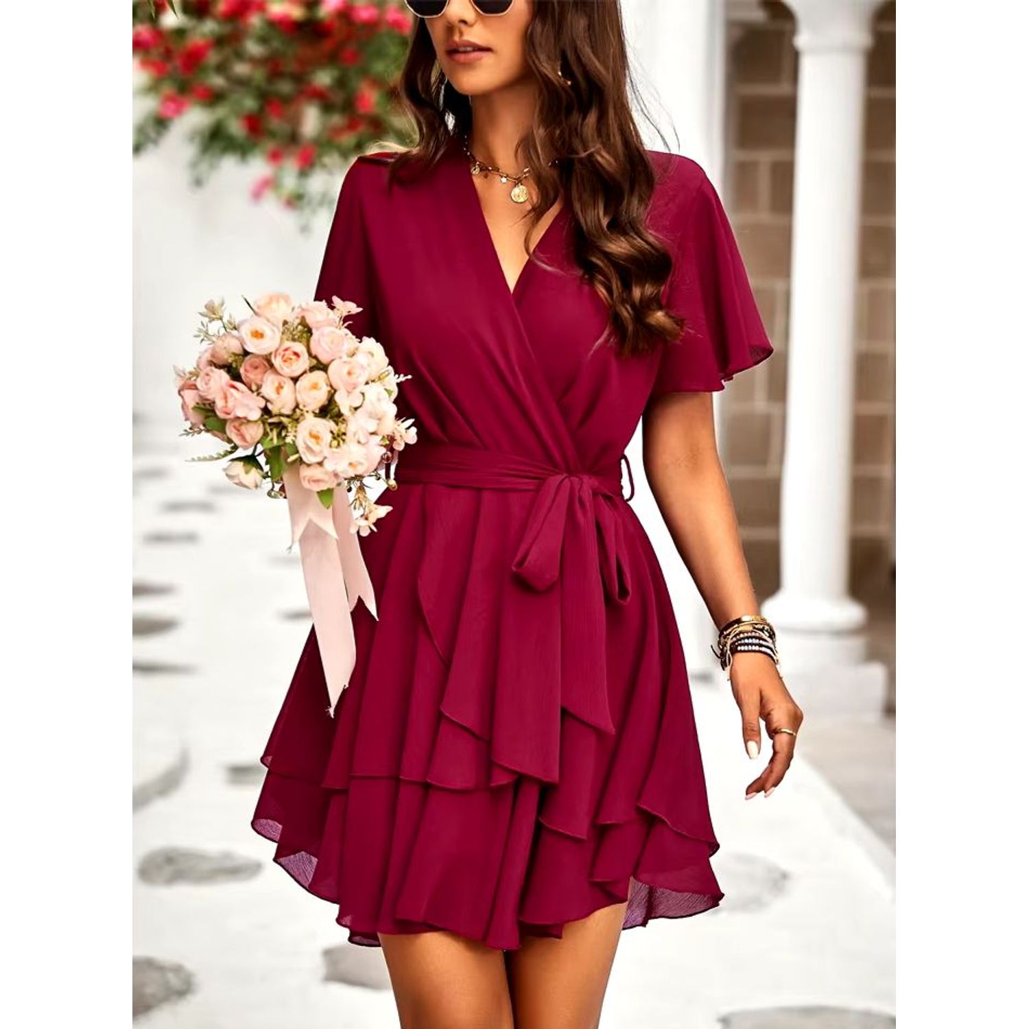 Vestido rojo vino con lazo GENERICO