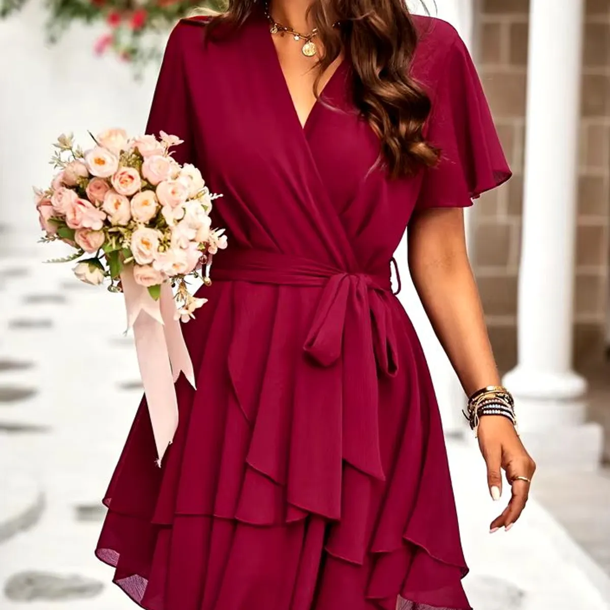 GENERICO - Vestido rojo vino con lazo