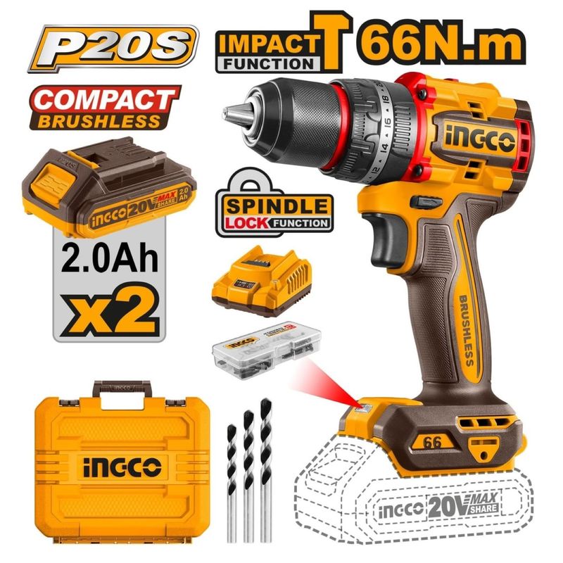 INGCO TOOLS - TALADRO ATORNILLADOR PERCUTOR BRUSHLESS 66NM-CIDLI20668