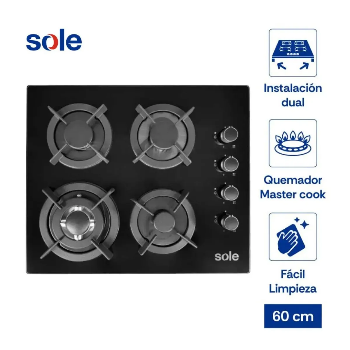 SOLE - Cocina Encimera Sole 4 hornillas SOLCO068 Vidrio Templado 60cm
