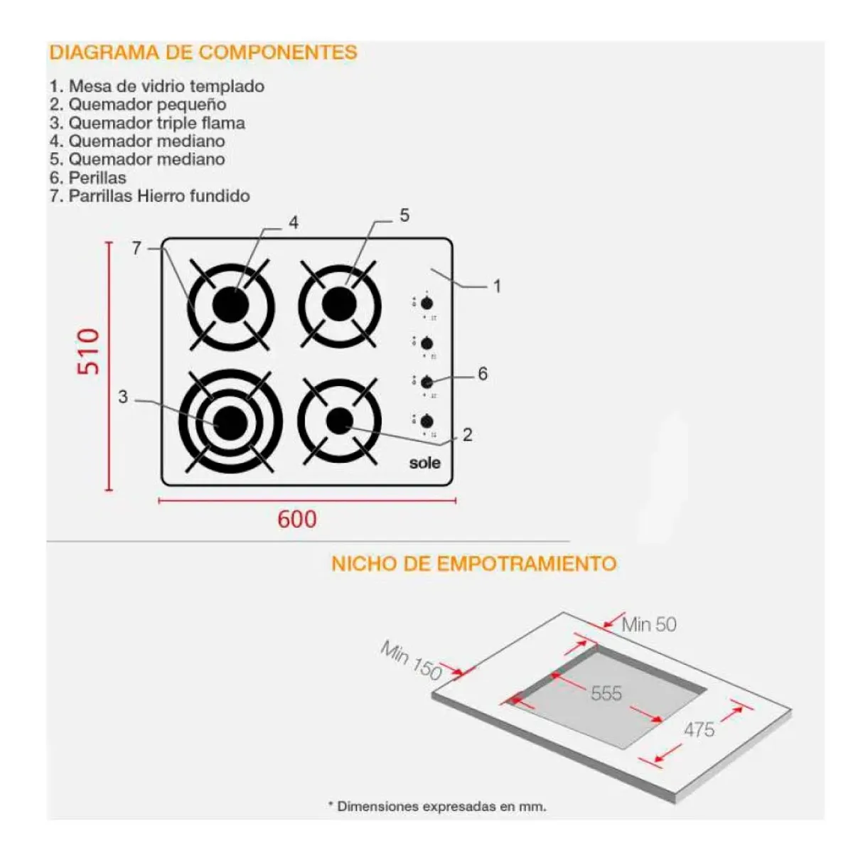 SOLE - Cocina Encimera Sole 4 hornillas SOLCO068 Vidrio Templado 60cm