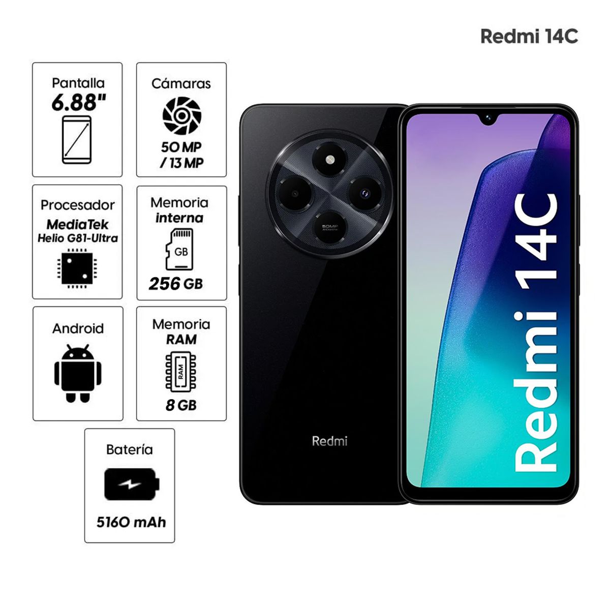 XIAOMI - Celular Xiaomi Redmi 14C 8GB RAM 256GB ROM Negro 4G LTE