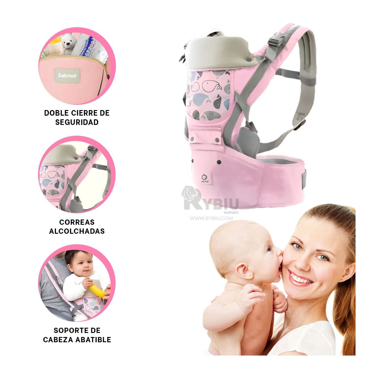 GENERICO - Mochila Porta Bebe Ballena en Rosado Y+Envoltorio de Regalo