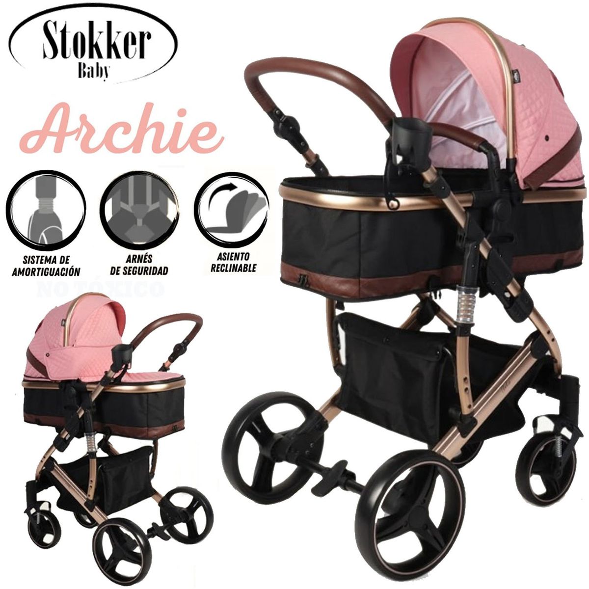 STOKKER BABY - Coche Moises de Lujo  Stokker Baby «ARCHIE» Rosado